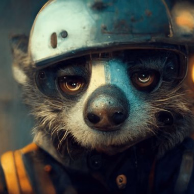 A pseudo-illustration of a resigned badger mechanic in the Bear Space Force looking into the camera.